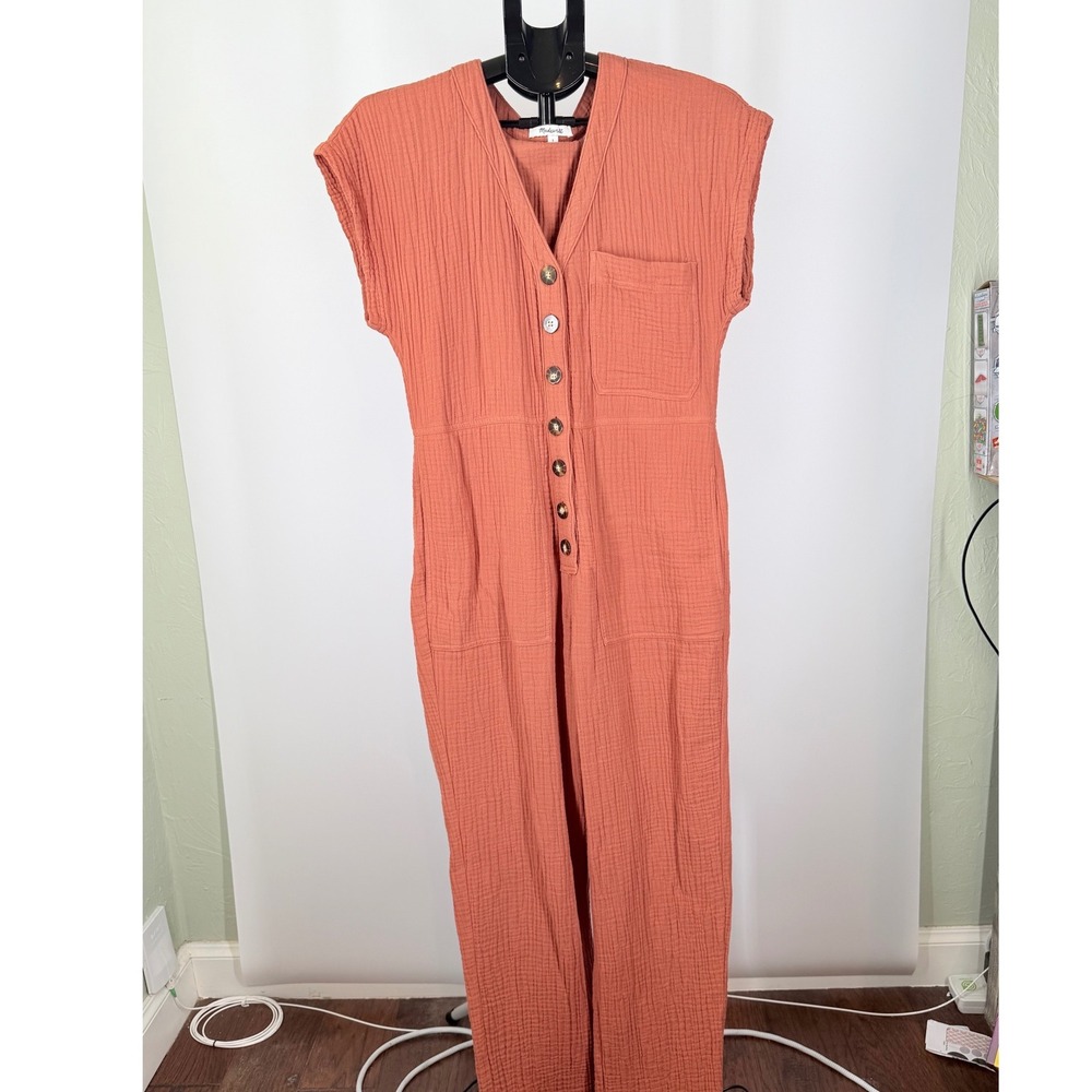 Madewell Women Small Double Gauze Button Front Jumpsuit Terracotta Rust Cotton